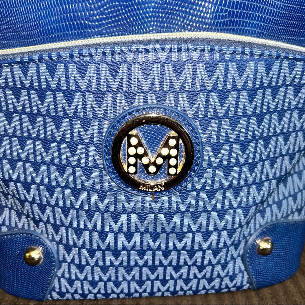 MKF Collection Milan Blue M Logo Double Zip Crossbody Bag - Picture 2 of 5